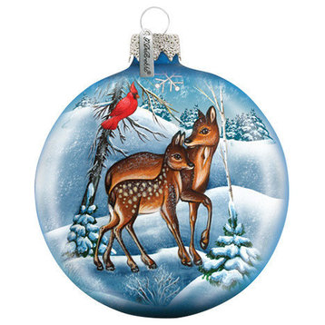 Hand Painted Scenic Glass Ornament Deer Crossing Ball