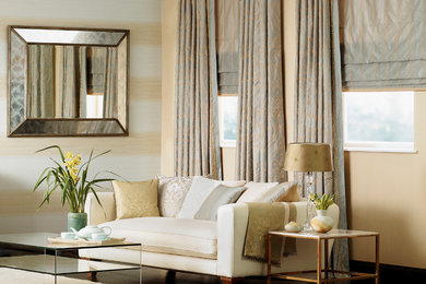 Living room - large transitional formal and open concept medium tone wood floor and brown floor living room idea in Los Angeles with beige walls and no tv