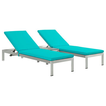 Modern Contemporary Outdoor Patio 3-Piece Chaise Lounge Chair, Blue, Aluminum