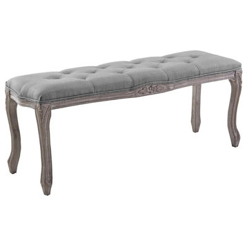 Country Farm Living Accent Chair Bench, Vintage Style, Fabric Wood, Light Gray