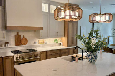 Powder room - large transitional powder room idea in Dallas with furniture-like cabinets, quartz countertops and a floating vanity