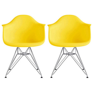 Modern Plastic Dining Room Armchair Chrome Metal Steel Wire Base Set of 2, Yellow