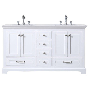 Dukes 60" White Double Square Sink Vanity with Quartz Top, No Mirror