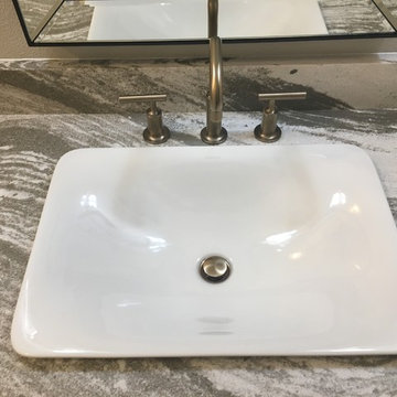 BATHROOM - Gray Limestone Tile - Arabesque Mosaic, 4x12 Herring Bone 8x12 Plank