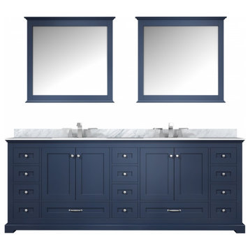 84 Inch Navy Blue Double Sink Bathroom Vanity, White Marble, Transitional