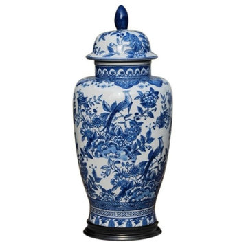 Blue and White Floral and Bird Motif, Porcelain Temple Jar With Base, 16"