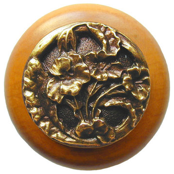 Hibiscus Wood Knob, Antique Brass, Maple Wood Finish, Antique Brass