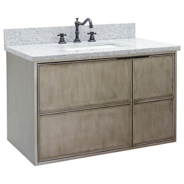37" Single Wall Mount Vanity, Linen Brown Finish With Gray Granite Top