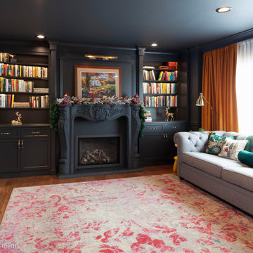 Monochromatic Fireside Elegance: A Radiant Transformation with Built-in Shelving