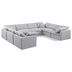 Meridian Furniture - Indulge Upholstered Modular U-Shaped Sectional, Grey, 8-Piece: 4 Armless Chair, 4 Corner Chair, Down Stuffed Linen Textured Fabric - Experience ultimate comfort and style with our grey linen textured fabric Indulge Sectional. The luxurious linen texture of the fabric will elevate the aesthetic of any room. This sofa provides ample space for you to relax while its modular build offers the option of unlimited configurations. Whether you're looking to add a stylish element to your living room or a comfortable seating option to your bedroom, this sofa is the perfect choice.