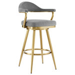 Armen Living - Justin 30"  Swivel Bar Stool, Gold Brushed Stainless Steel and Gray Fabric - Add a dose of polish and elegance to your home with the Justin Swivel Upholstered Counter or Bar Height Stool with a Metal frame by Armen Living. Stylish and beautifully minimalistic, our barstool is set to make an eye-catching statement in any space. Its floating and beautifully contoured backrest offers contemporary drama. The modern open back offers a design that flows seamlessly into the arms, as if giving you and your guests a soft hug. The Justin barstool is generously padded with high-density foam to ensure a comfy stay. Our barstool is upholstered in performance fabric or high-quality faux leather to offer lasting style and comfort. Perched upon round and tapered metal legs that include floor protectors, this stool makes a sophisticated impact anywhere from your kitchen to your home office. It remains a chic and elegant fit for your kitchen island, pub table, home bar, or adjustable desk. The stool includes a built-in circular footrest to offer a comfortable sitting experience. Its smooth 360-degree swivel function allows for maximum mobility, enabling you to change directions and follow conversations with ease. The Justin Swivel Counter or Bar Height Stool comes in several different finishes, colors, and textile combinations to make a sleek and fashion-forward statement in any home. Choose whichever design suits your space, and enjoy this minimal assembly barstool that is sure to stand out!