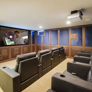 Inspiration for a contemporary home cinema in Tampa.