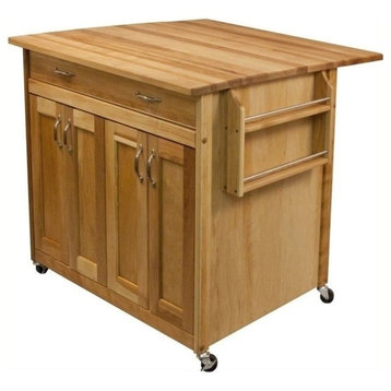 Bowery Hill Solid Wood Deep Island with Flat Panel Door and Drop Leaf in Natural