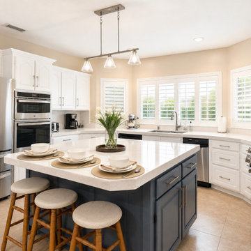 White Quartz Kitchen with Navy Island and Plantation Shutters