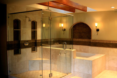 Modern bathroom in Other with an alcove shower, ceramic tile, ceramic floors, beige floor and a hinged shower door.