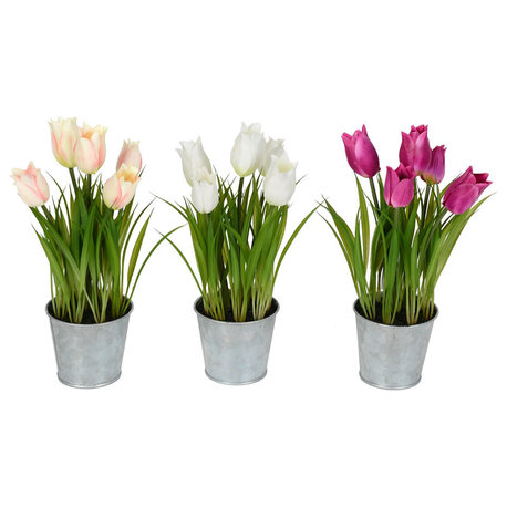 Vickerman FJ181001 10.5" Artificial Assorted Set of Tulips in Metal Pot