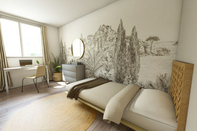 Cette image montre une chambre de taille moyenne avec un mur beige et sol en stratifié.