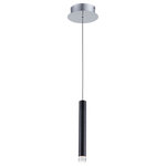 Artcraft Lighting - Galiano AC7082BK Pendant, Chrome/Black - The Galiano collection single pendant features a metal tubular shape with lens at the bottom to allow the LED light to shine through. Chrome reflective canopy. Height adjustable black wire. Model shown in Black (also available in Satin Aluminum)