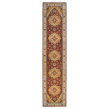 Red, Hand Knotted Antiqued Fine Heriz Re-Creation Wool Runner Rug, 2'7"x12'1"