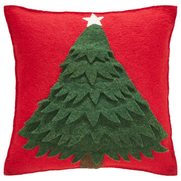 Handmade Christmas Pillow Cover in Hand Felted Wool - Tree on Red - 14", Pillow (Includes Insert)