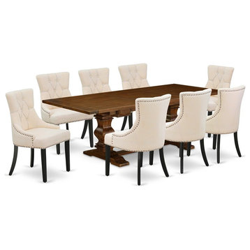 East West Furniture Lassale 9-piece Wood Dining Set in Walnut/Light Beige
