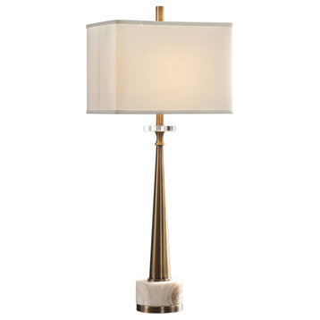 Mid Century Modern Tapered Brass Table Lamp, Gold White Marble Buffet Slim