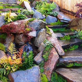 Design ideas for a small asian backyard partial sun formal garden for spring in San Luis Obispo with natural stone pavers and with pond.