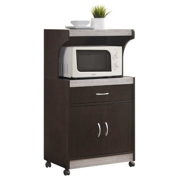 Hodedah Microwave Contemporary Wooden Kitchen Cart in Chocolate-Grey Finish