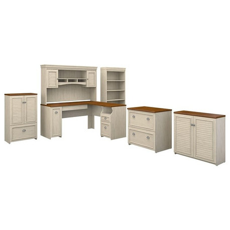 Bush Furniture Fairview L Desk 6 Pc Office Set in Antique White