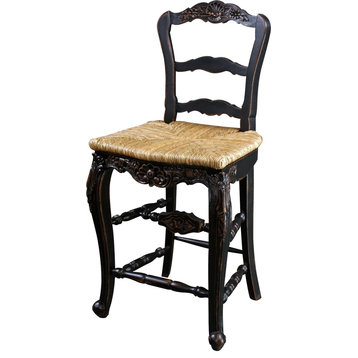 Bar Stool French Country Farmhouse Blackwash Floral Wood Carving Hand