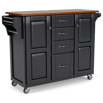 Rolling Kitchen Island, Tall Design With Side Cabinets & Center Drawers, Black