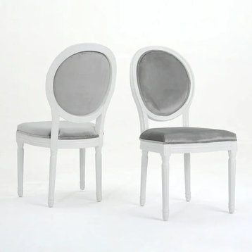 2 Pack Dining Chair, Fluted Legs & Round Back, Light Gray Velvet/Glossy White