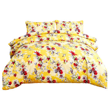 Sunshine Hummingbirds Floral Print Duvet Cover Set with Pillow Cases, Queen