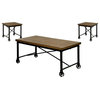 Industrial Coffee Table Set, Black Metal Frame With Wheels, Medium Oak Wood Top