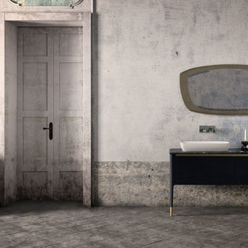 Contemporary bathroom with black cabinet and marble countertop