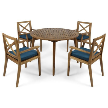 GDF Studio 5-Piece Jenson Outdoor Acacia Wood Dining Set With Cushions, Teak Finish/Blue