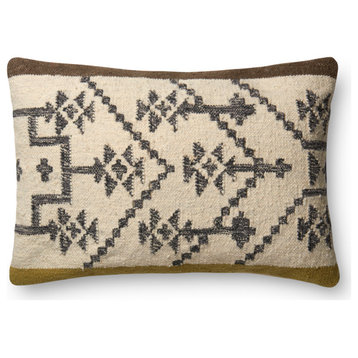 Wool Tribal Design Pillow, 16"x26", Olive/Taupe, Down/Feather