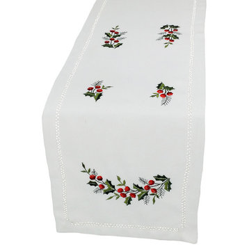 Holly Berry Embroidered Hemstitch Christmas Mini Table Runner, 12"x28"