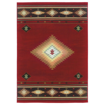 5' X 8' Red And Beige Ikat Pattern Area Rug