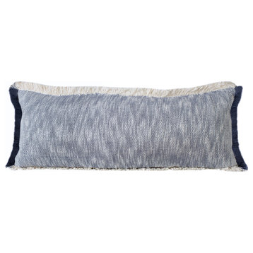 Two-Tone Cotton Throw Pillow with Fringe, Navy Blue, 14" X 36"