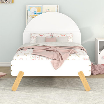 Gewnee Wood Twin Platform Bed With Curved Headboard for Kids  in White