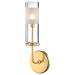 Hudson Valley Lighting - Wentworth 1-Light Wall Sconce, Aged Brass - Taking inspiration from a honey hive, Wentworth adds fine details to a Mid-Century modern design. Tubes of mouth-blown glass leave the inner candlestick visible while blurring the Bulbs (Not Included) with a handcut, honeycombed pattern, creating a beautiful refractive ambiance. The chandelier's arms nest heirarchically in two-tiered, compact profusion; seen from below, one gets a sense of density and balance. The sconce allows for an up-close appreciation of the frosted pattern upon the glass.