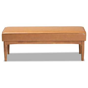 Bowery Hill Tan Faux Leather Upholstered and Brown Finished Wood Dining Bench