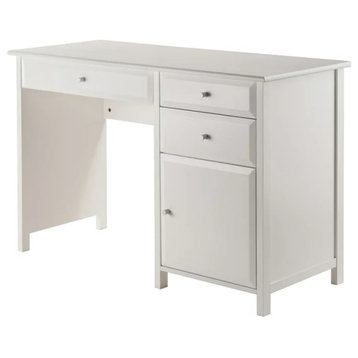 Transitional Desk, 3 Drawers & Single Door Cabinet With Beveled Accent, White