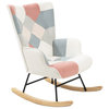 Mid Century Fabric Rocking Chair With Wood Legs and Patchwork Linen, Pink