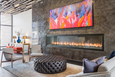 Living room - contemporary formal living room idea in Boston with white walls and a ribbon fireplace