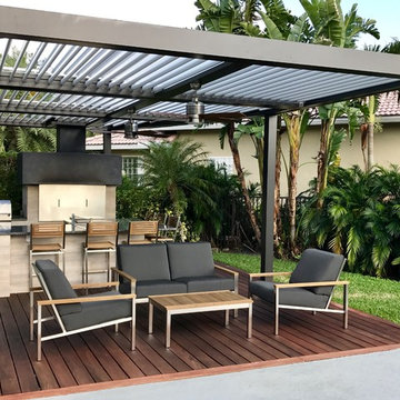 Modern Altimate Pergola over outdoor kitchen, chimney, ceiling fans, LED Lights