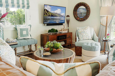 Mid-sized beach style open concept dark wood floor living room photo in Hawaii with white walls and a tv stand