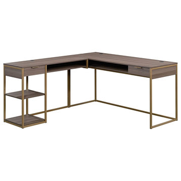 Modern L-Shaped Desk, 2 Storage Drawers and Open Shelves, Diamond Ash