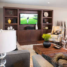 bookcase and fireplace